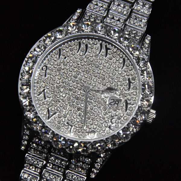 Arabic Dial Diamond Simulant Watch - White Gold