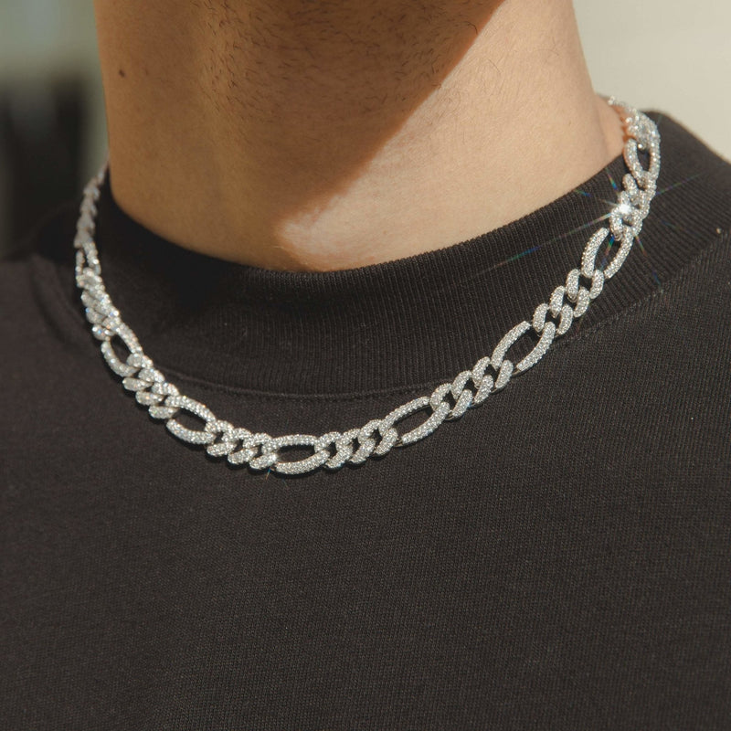 10mm Iced Figaro Chain  - White Gold