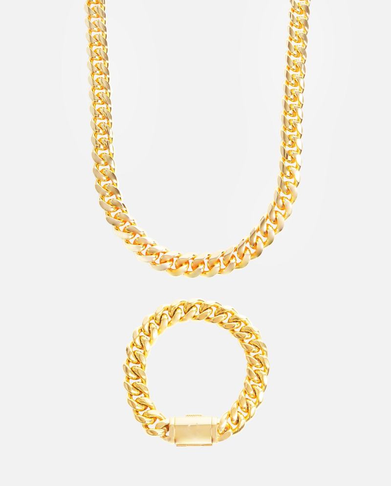 12mm Miami Cuban Chain + Bracelet Bundle - Gold