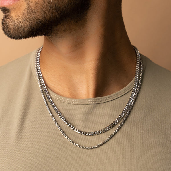 5mm Cuban Link + 3mm Rope Chain Bundle - White Gold