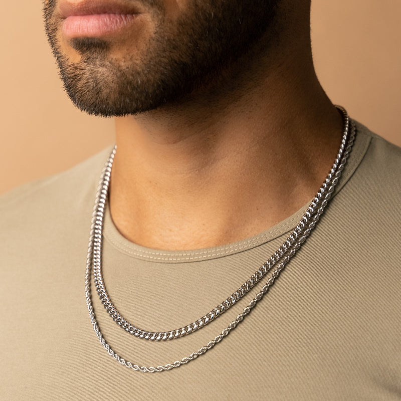 5mm Cuban Link + 3mm Rope Chain Bundle - White Gold