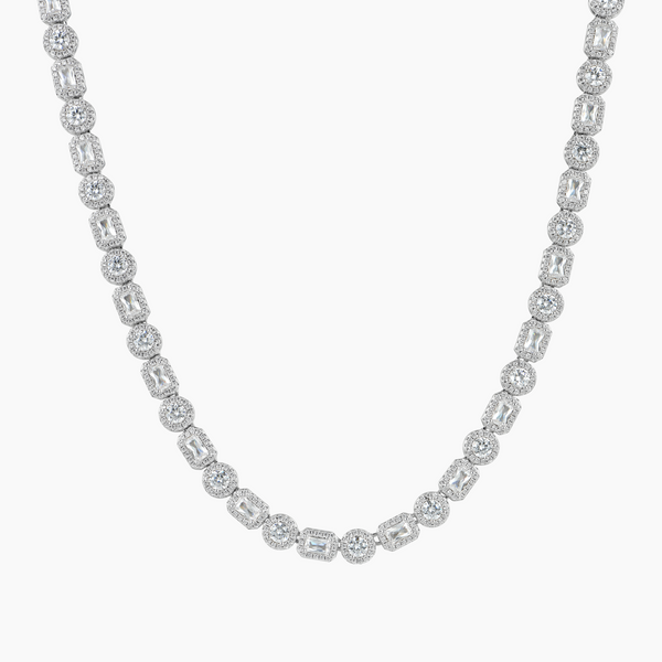 8mm Emerald Cut Mix Clustered Tennis Chain - White Gold