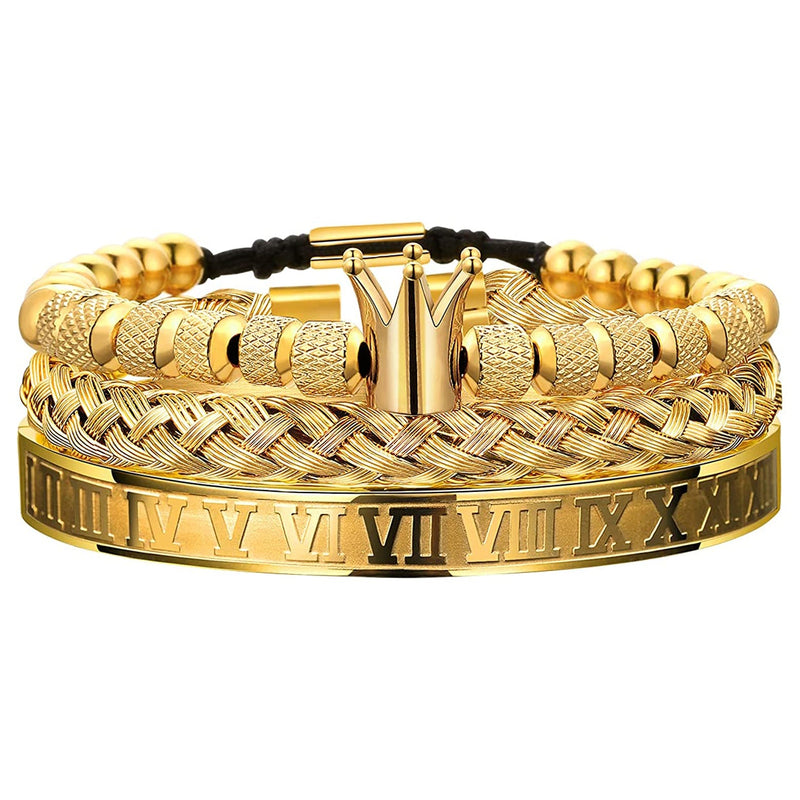Mens Crown Bracelet Set - Gold
