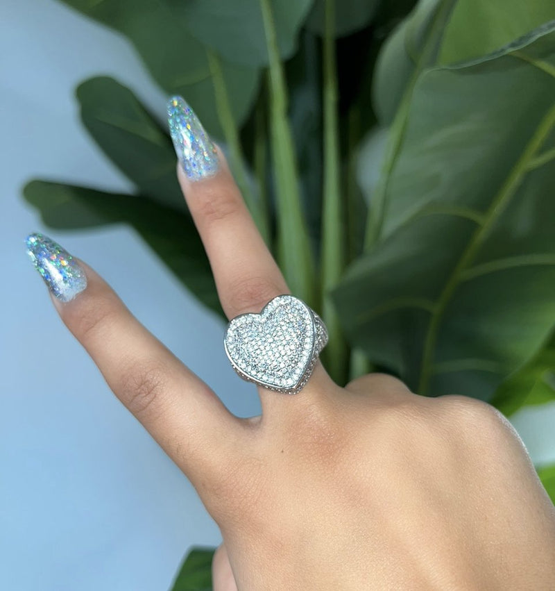 Fully iced bubble heart ring - White Gold