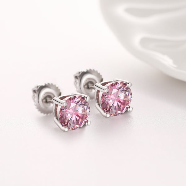 PINK VVS ROUND 1CT EARRINGS  - White Gold Vermeil