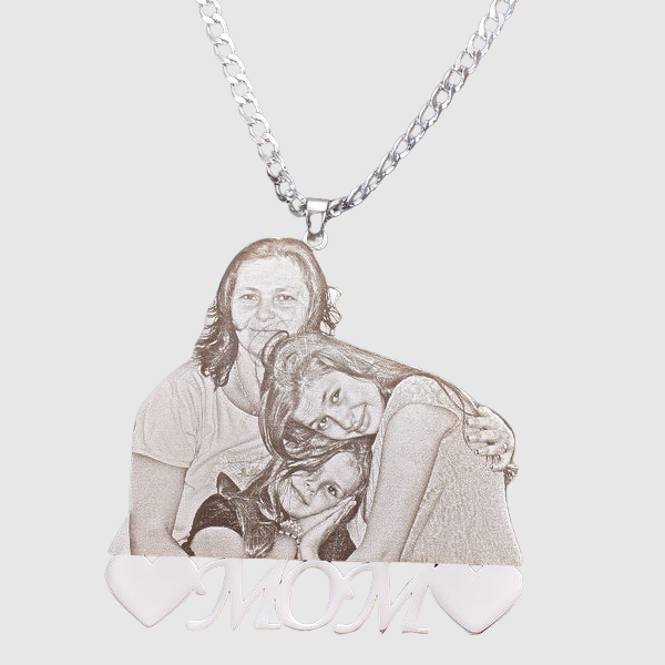 Custom Photo Engraved Pendant Necklace - White Gold