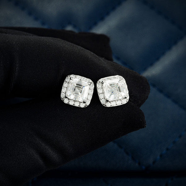 9MM Moissanite Halo Stud Earrings - White Gold